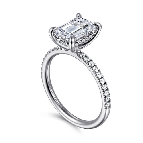 14K White Gold Emerald Cut Hidden Halo Diamond Engagement Ring