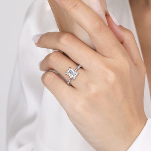 14K White Gold Emerald Cut Hidden Halo Diamond Engagement Ring