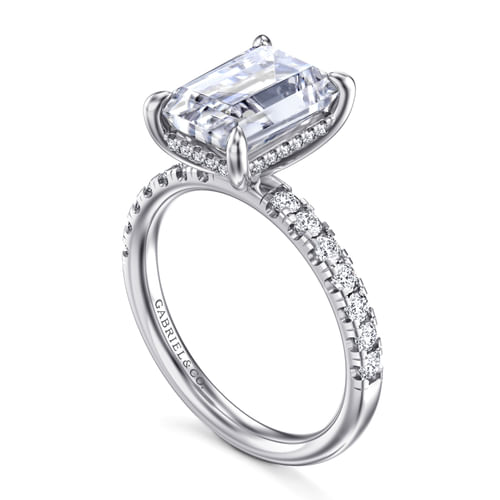 14K White Gold Emerald Cut Hidden Halo Diamond Engagement Ring