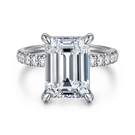 Gabriel - 14K White Gold Emerald Cut Hidden Halo Diamond Engagement Ring