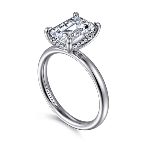 14K White Gold Emerald Cut Hidden Halo Diamond Engagement Ring