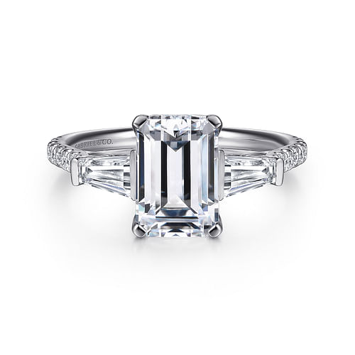 14K White Gold Emerald Cut Three Stone Diamond Channel Set Engagement Ring