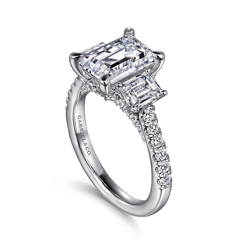 14K White Gold Emerald Cut Three Stone Diamond Engagement Ring