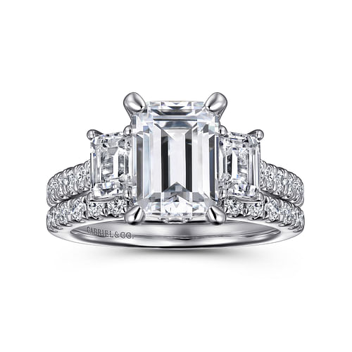 14K White Gold Emerald Cut Three Stone Diamond Engagement Ring