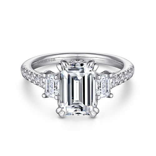 14K White Gold Emerald Cut Three Stone Diamond Engagement Ring