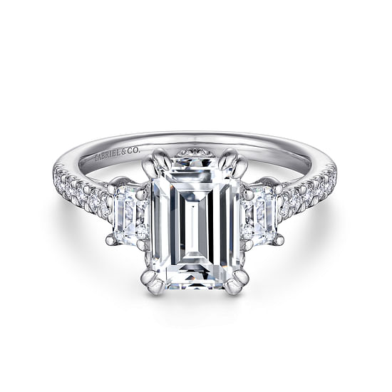 Gabriel - 14K White Gold Emerald Cut Three Stone Diamond Engagement Ring