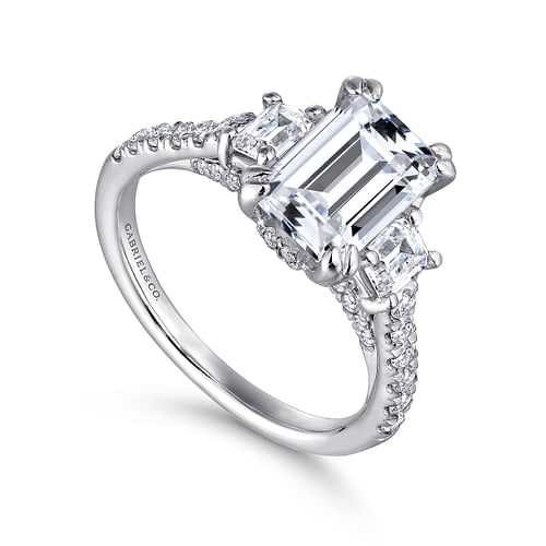 14K White Gold Emerald Cut Three Stone Diamond Engagement Ring