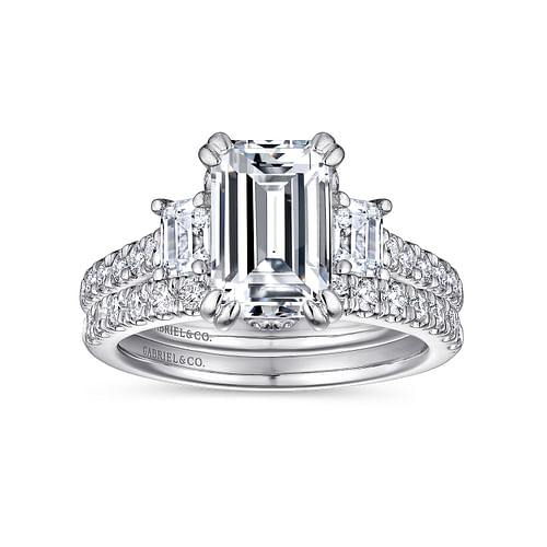 14K White Gold Emerald Cut Three Stone Diamond Engagement Ring