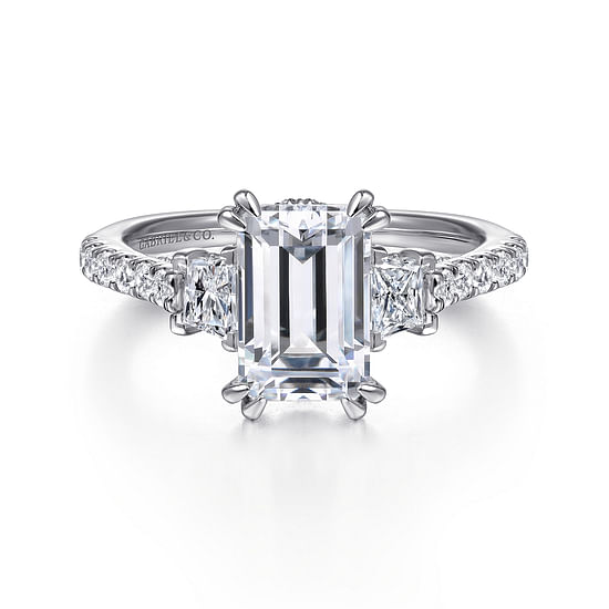 Gabriel - 14K White Gold Emerald Cut Three Stone Diamond Engagement Ring