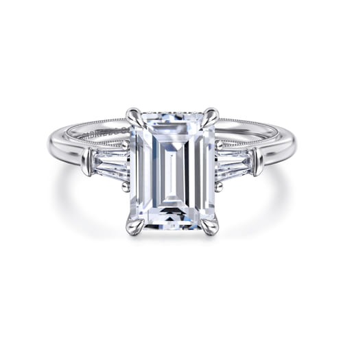 14K White Gold Emerald Cut Three Stone Diamond Engagement Ring