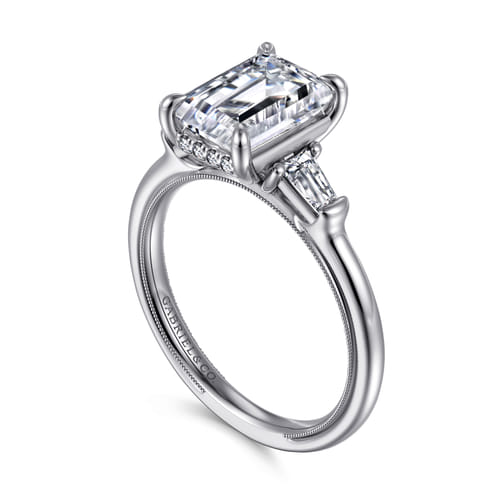 14K White Gold Emerald Cut Three Stone Diamond Engagement Ring
