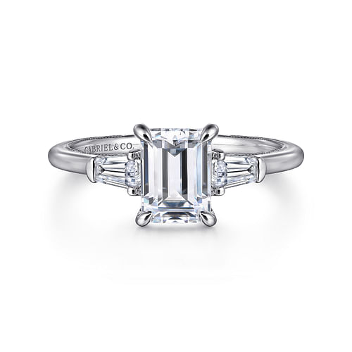 14K White Gold Emerald Cut Three Stone Diamond Engagement Ring