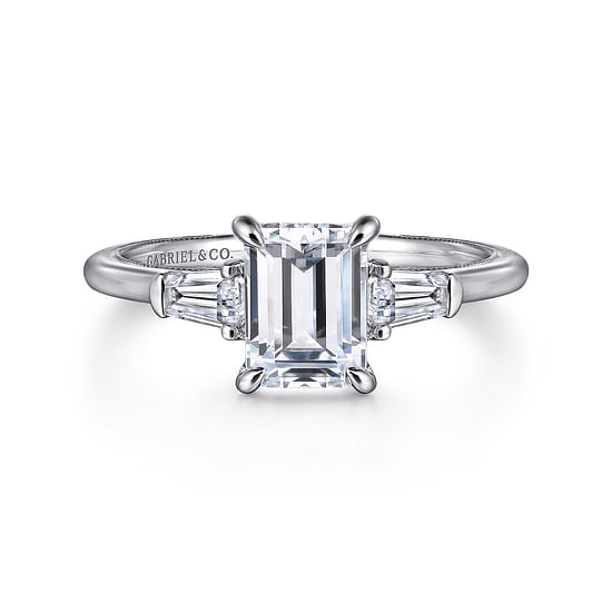 Gabriel - 14K White Gold Emerald Cut Three Stone Diamond Engagement Ring