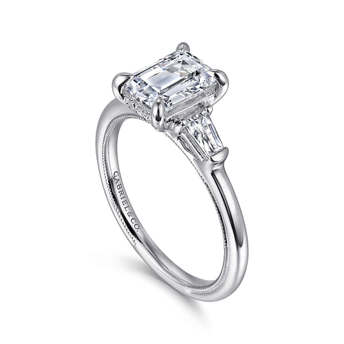 14K White Gold Emerald Cut Three Stone Diamond Engagement Ring