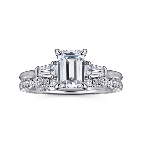 14K White Gold Emerald Cut Three Stone Diamond Engagement Ring