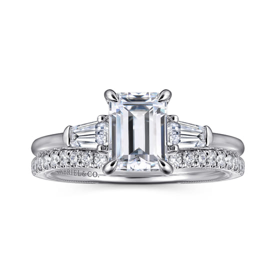 14K White Gold Emerald Cut Three Stone Diamond Engagement Ring angle 4