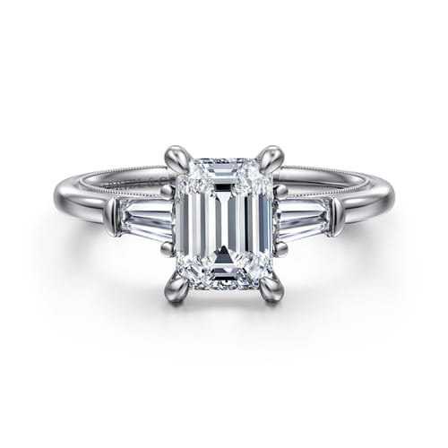 14K White Gold Emerald Cut Three Stone Diamond Engagement Ring