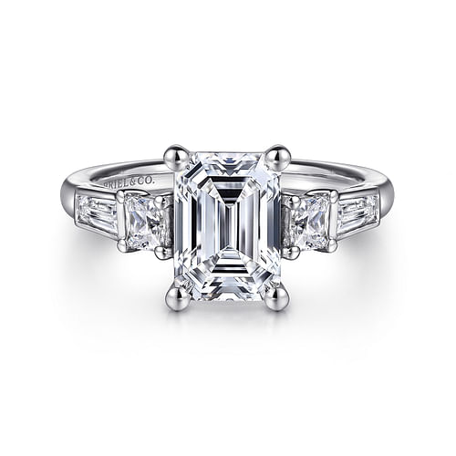 14K White Gold Emerald Cut Three Stone Diamond Engagement Ring