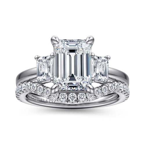 14K White Gold Emerald Cut Three Stone Diamond Engagement Ring