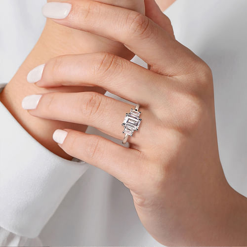 14K White Gold Emerald Cut Three Stone Diamond Engagement Ring