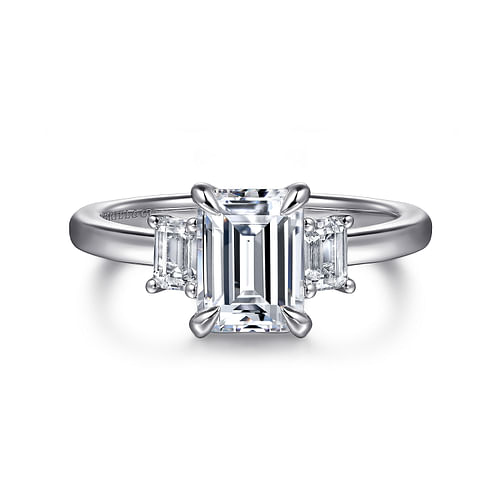 14K White Gold Emerald Cut Three Stone Diamond Engagement Ring