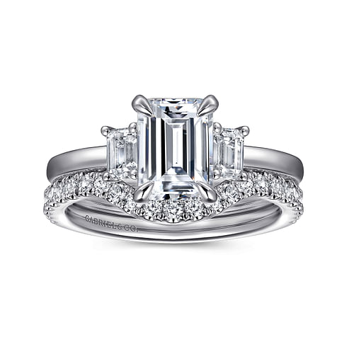 14K White Gold Emerald Cut Three Stone Diamond Engagement Ring