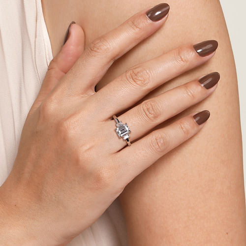 14K White Gold Emerald Cut Three Stone Diamond Engagement Ring