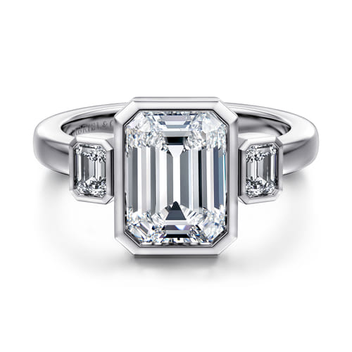 14K White Gold Emerald Cut Three Stone Diamond Engagement Ring