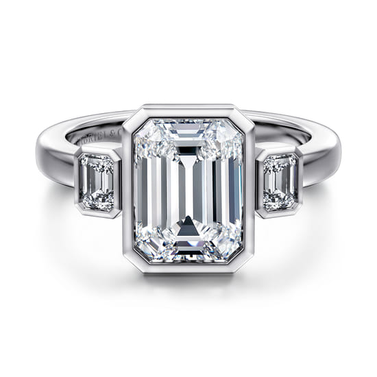 Gabriel - 14K White Gold Emerald Cut Three Stone Diamond Engagement Ring
