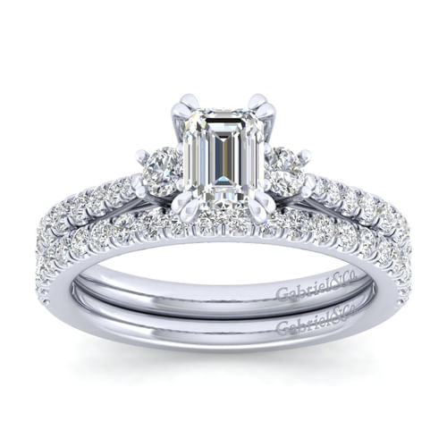 14K White Gold Emerald Cut Three Stone Diamond Engagement Ring