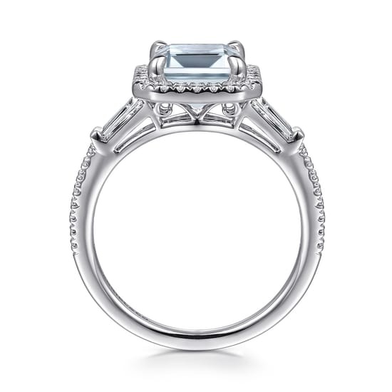 14K White Gold Emerald Cut Three Stone Halo Aquamarine and Diamond Engagement Ring angle 2