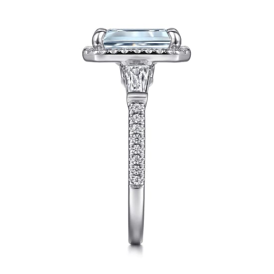 14K White Gold Emerald Cut Three Stone Halo Aquamarine and Diamond Engagement Ring angle 5