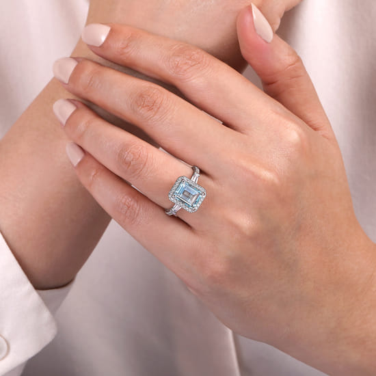 14K White Gold Emerald Cut Three Stone Halo Aquamarine and Diamond Engagement Ring angle 6