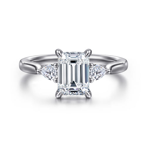 14K White Gold Emerald Cut Three Stone Lotus Diamond Engagement Ring