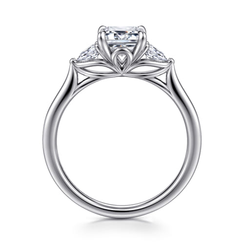 14K White Gold Emerald Cut Three Stone Lotus Diamond Engagement Ring