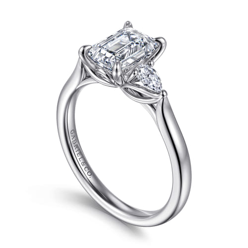 14K White Gold Emerald Cut Three Stone Lotus Diamond Engagement Ring