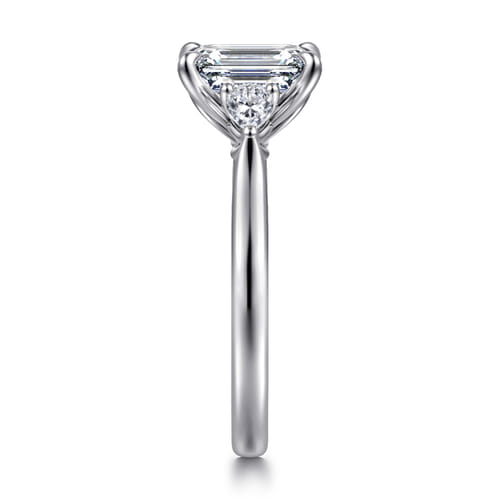 14K White Gold Emerald Cut Three Stone Lotus Diamond Engagement Ring