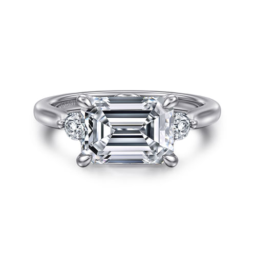 14K White Gold Emerald Cut Three Stone Lotus Diamond Engagement Ring