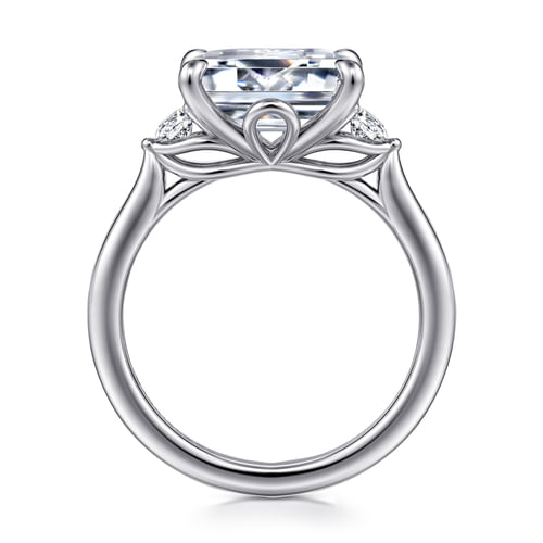 14K White Gold Emerald Cut Three Stone Lotus Diamond Engagement Ring