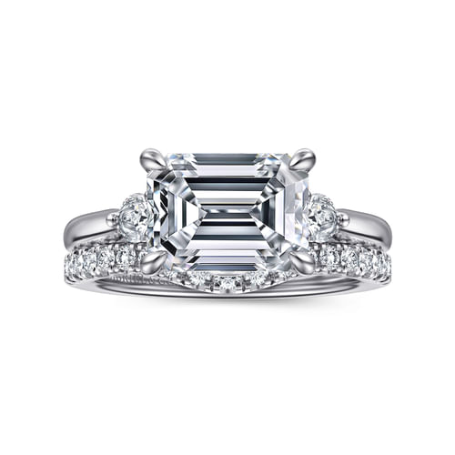 14K White Gold Emerald Cut Three Stone Lotus Diamond Engagement Ring