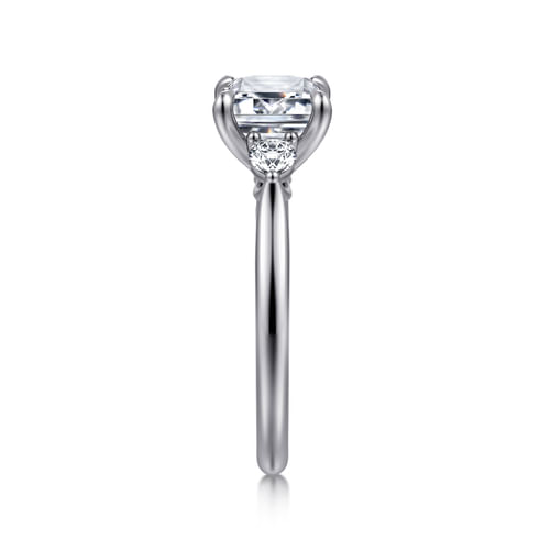 14K White Gold Emerald Cut Three Stone Lotus Diamond Engagement Ring