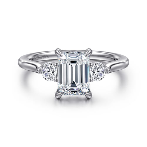 14K White Gold Emerald Cut Three Stone Lotus Diamond Engagement Ring