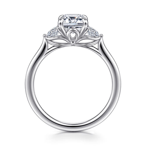 14K White Gold Emerald Cut Three Stone Lotus Diamond Engagement Ring