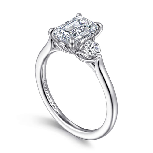 14K White Gold Emerald Cut Three Stone Lotus Diamond Engagement Ring