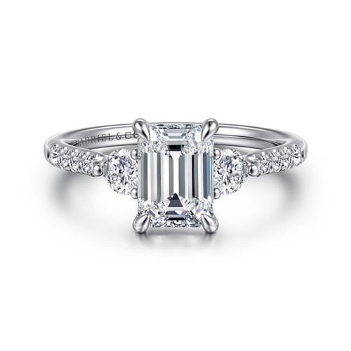 14K White Gold Emerald Cut Three Stone Lotus Diamond Engagement Ring