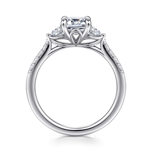 14K White Gold Emerald Cut Three Stone Lotus Diamond Engagement Ring