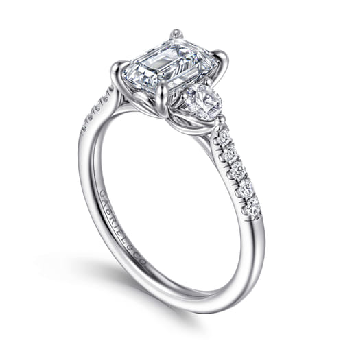 14K White Gold Emerald Cut Three Stone Lotus Diamond Engagement Ring