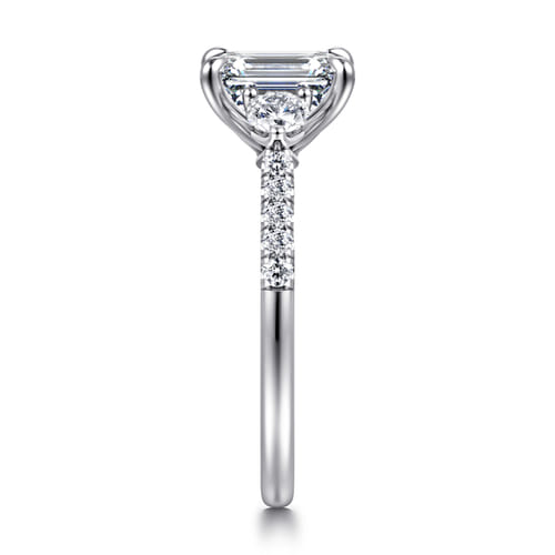 14K White Gold Emerald Cut Three Stone Lotus Diamond Engagement Ring