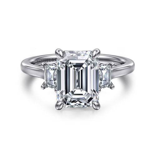 14K White Gold Emerald Cut Three Stone Lotus Diamond Engagement Ring