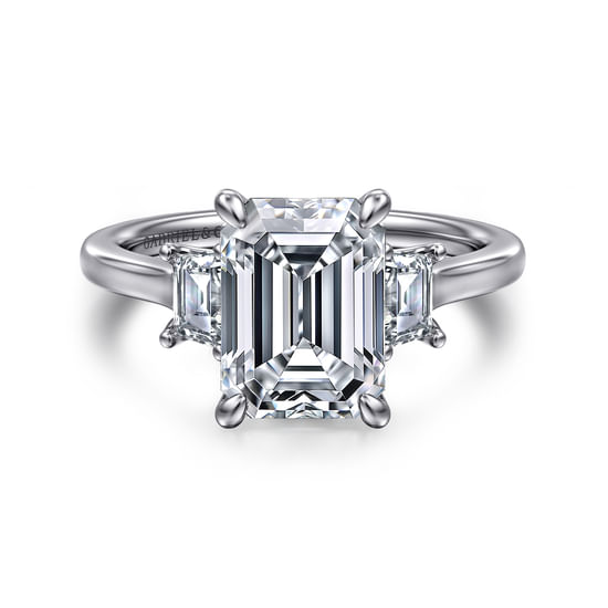 Gabriel - 14K White Gold Emerald Cut Three Stone Lotus Diamond Engagement Ring